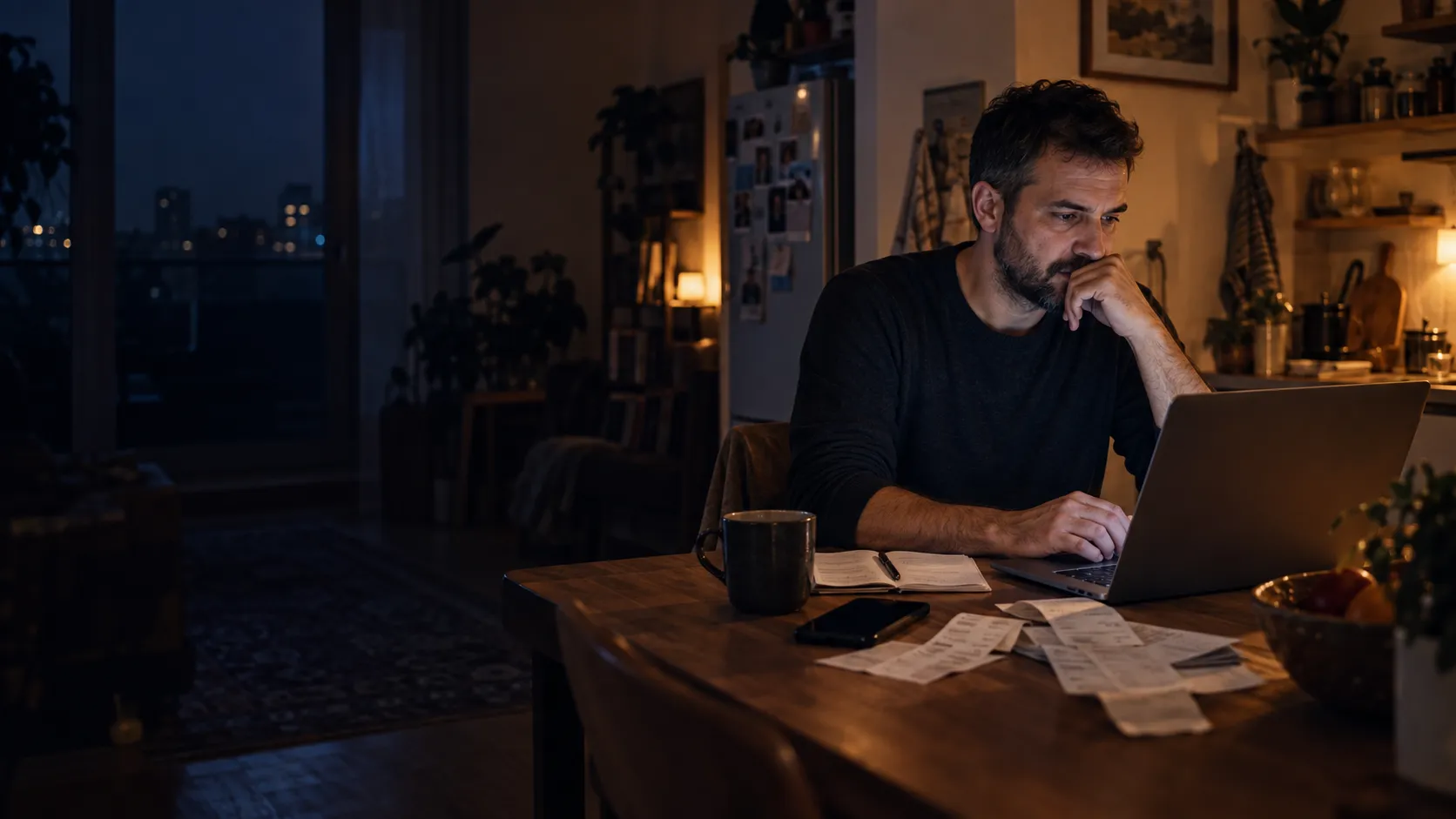 A small business owner works at a kitchen table late at night, with receipts beside a laptop.