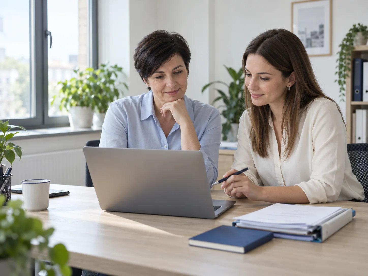 Two accountants discuss their work at a laptop in a small, bright office.