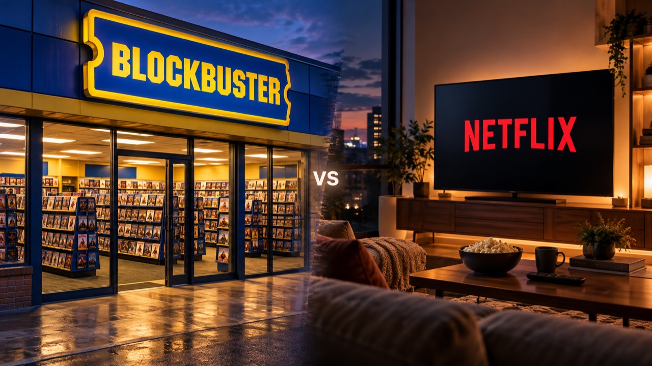 A Blockbuster video rental store beside a living-room television displaying the Netflix logo.