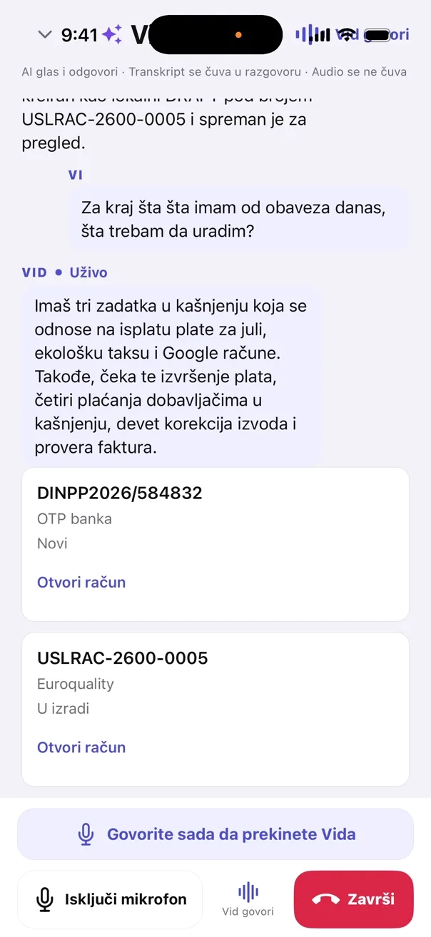 Razgovor sa Vidom u mobilnoj aplikaciji Papiri: pregled današnjih obaveza i računa.
